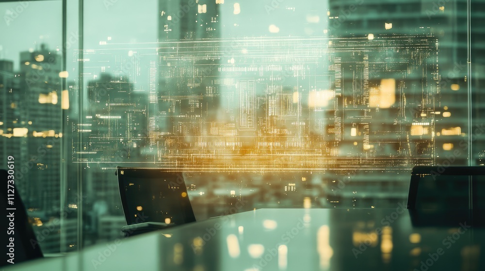 Poster double exposure of futuristic virtual circuit hologram in a sleek modern office setting representing
