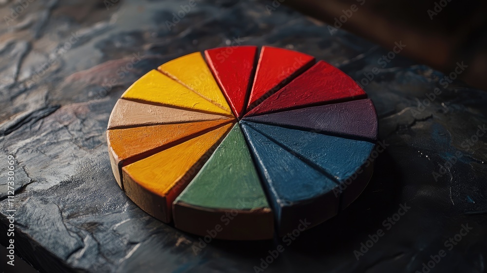 Poster close up of a vibrant color wheel for selecting paint tones with shallow depth of field showcasing a