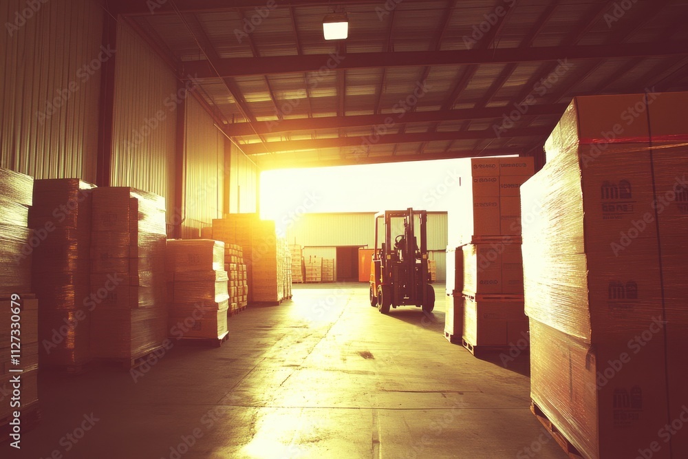 Poster industrial warehouse scene featuring a forklift moving pallets inside with tall stacks of boxes bath