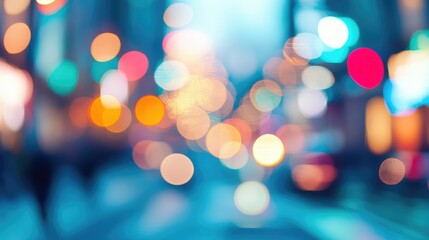 Abstract defocused bokeh background with soft blue gradient and colorful light spots creating a dreamy urban atmosphere