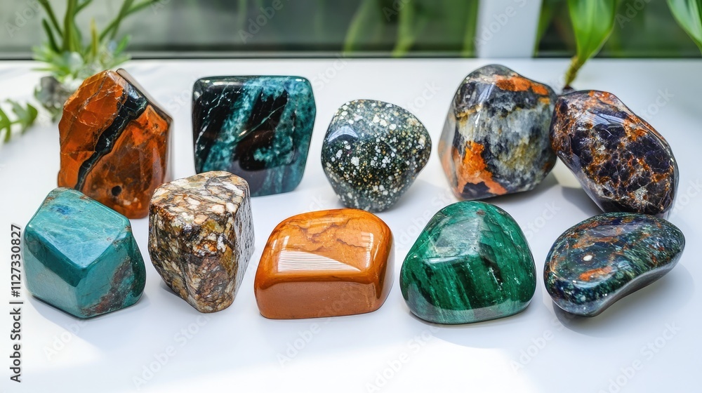 Poster assorted colorful precious stones arranged on a white table showcasing their unique textures and nat