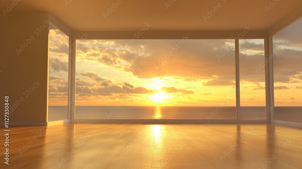 Aufkleber serene empty room with sunset view through large windows showcasing warm colors and tranquil atmosph