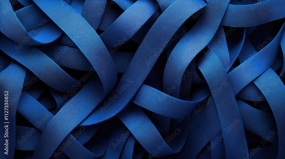 Poster textured blue ribbons intertwined on a dark background creating a visually striking abstract composi