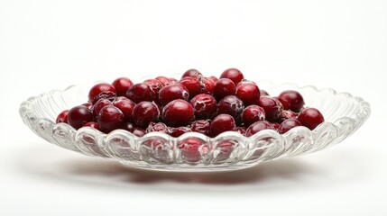 Dried red cranberries on glass plate isolated showcasing vibrant color and texture perfect for holiday and culinary presentations