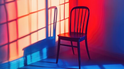 Artistic chair casting vibrant shadows in red and blue hues against a textured wall creating an abstract visual composition