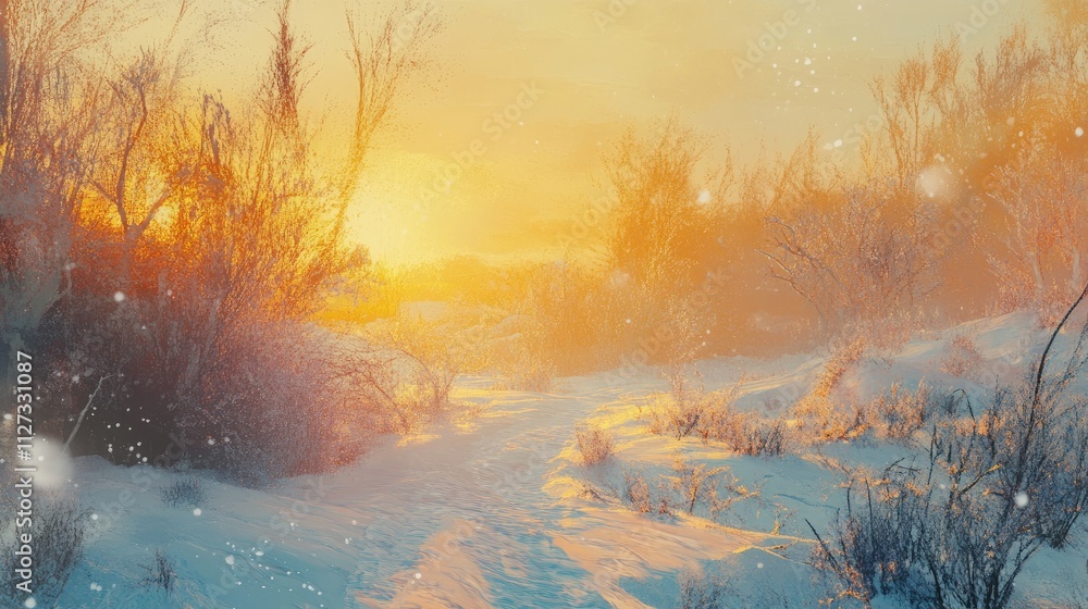 Poster winter landscape at golden hour with soft light illuminating snowy path and frosty trees creating a 