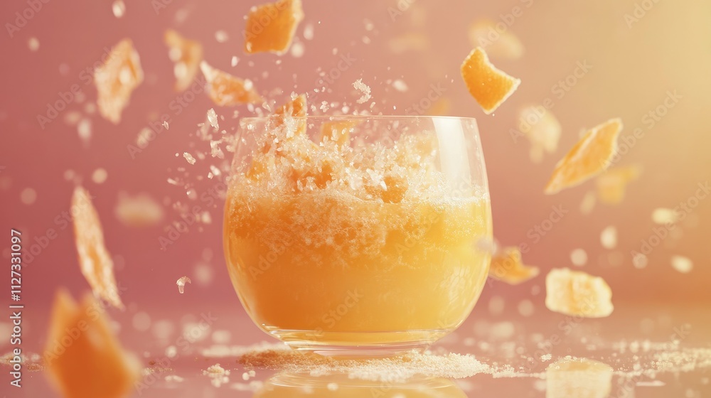 Poster refreshing orange juice splash with flakes on a soft pastel background capturing vibrant colors and 