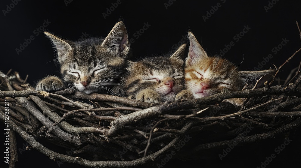 Poster kittens peacefully sleeping in a rustic nest made of branches against a dark background showcasing t