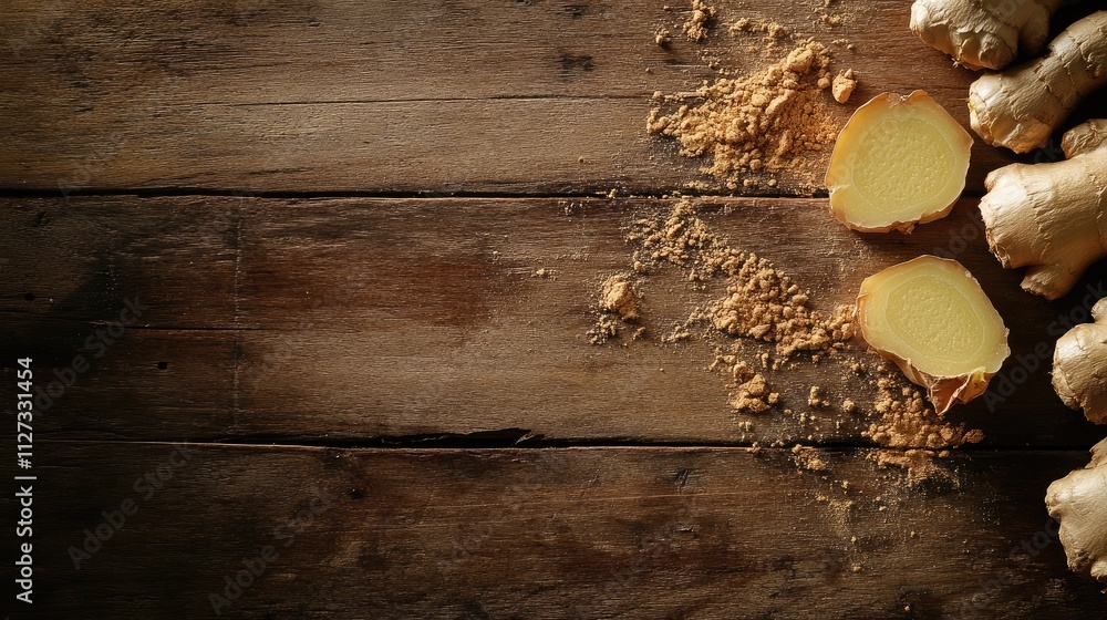 Poster ginger root slices and powder on rustic wooden table with space for text highlighting natural ingred
