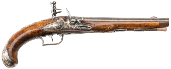 Studioaufnahme einer historischen Steinschlosspistole Pistole Kurzwaffe auf freigestelltem transparentem Untergrund