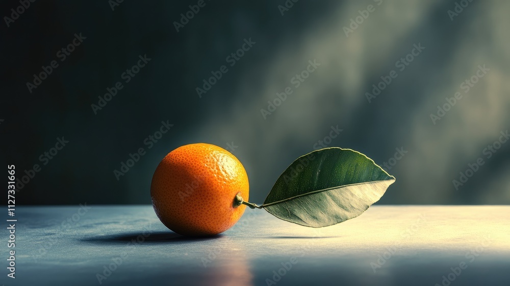 Poster fresh clementine resting on a surface with a green leaf highlighting its vibrant color and texture i