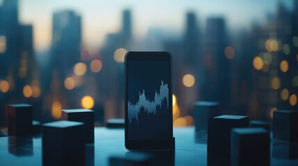 Mobile phone displaying stock market data with blurred cityscape background, showcasing investment concepts and financial growth in digital trading.