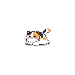Cute calico cat three color lying down cartoon, vector illustration