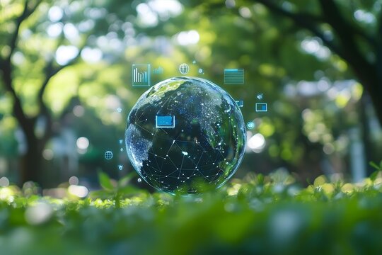 A globe exhibiting floating green technology icons, representing the merging of ecology and global innovation.