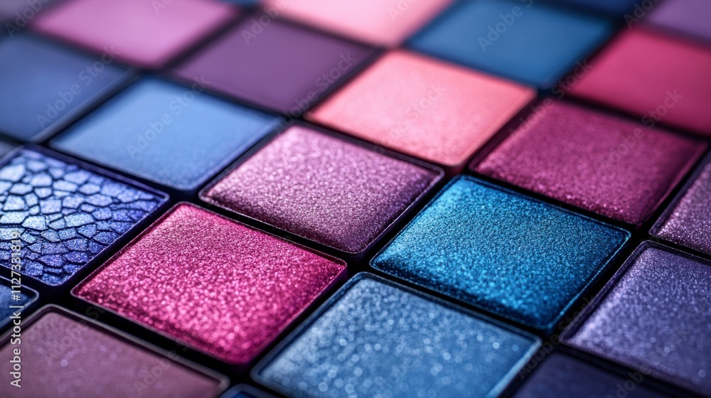 Poster vibrant palette of shimmering eyeshadow squares in exquisite patterns and colors