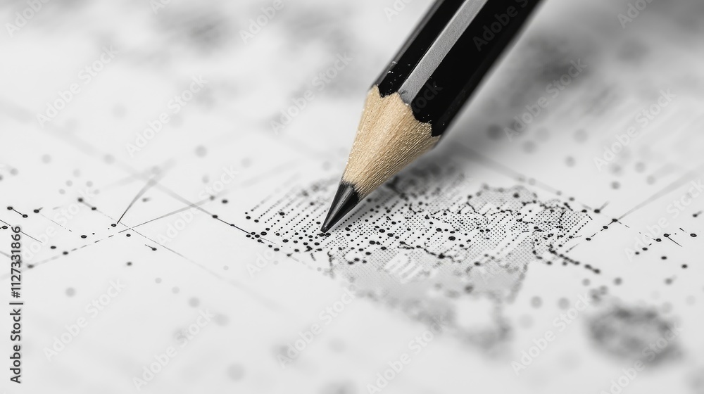 Poster Mechanical pencil highlighting data points on a detailed Asia graph with intricate dot patterns illustrating analytical insights.