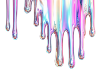 Pouring melting iridescent glossy liquid dripping isolated on transparent background cutout, png