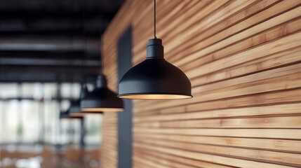 Stylish Scandinavian interior with black pendant lights and wooden wall design in modern loft home decor setting.