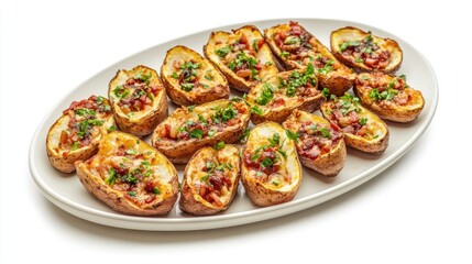 BBQ potato skins garnished with green onions served on a horizontal white plate isolated on white background