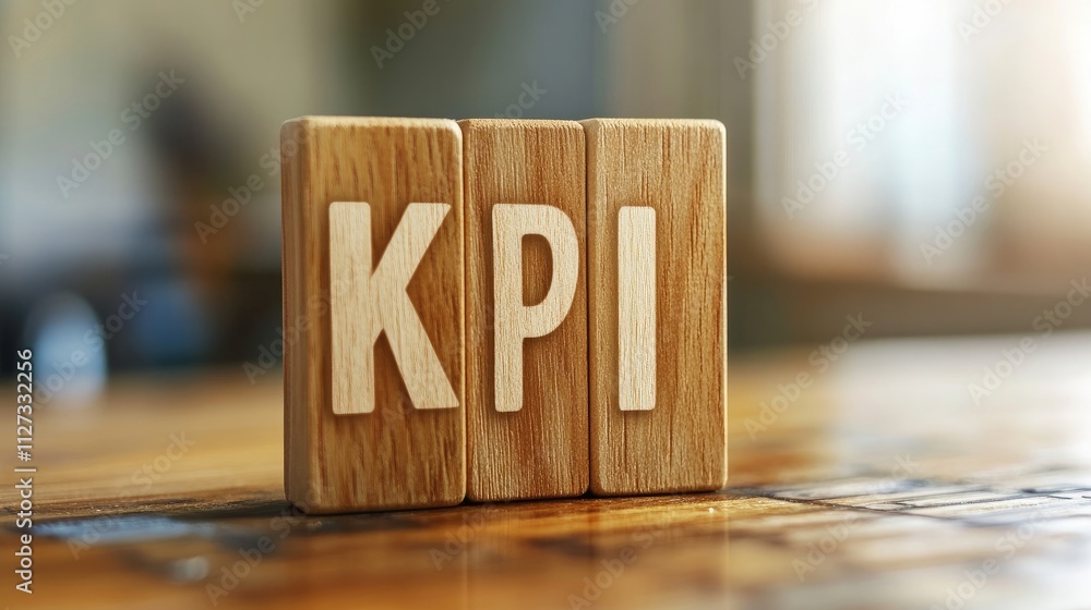 Aufkleber kpi wooden blocks representing key performance indicators on a table for business strategy and measu