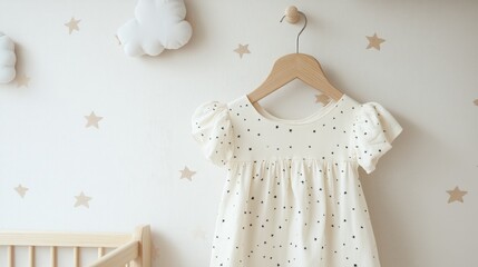 Children's dress with star patterns on a wooden hanger in a minimalist Scandinavian nursery featuring pastel beige tones and cloud decorations.