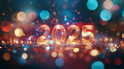 Glowing 2025 number  made of sparkles against blurred background. Happy New Year concept.