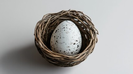 Speckled egg nestled in a woven basket on a clean white surface highlighting natural textures and colors of organic materials