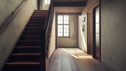 Fototapeta premium Upper level corridor featuring wooden stairs and doorways showcasing classic interior design and natural light ambiance.
