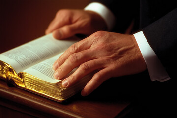 Presidential Inauguration Hand on Bible Warm Solemn Lighting