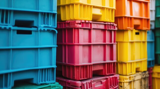 Colorful plastic storage crates stacked for packing and organizing supplies in a vibrant and structured manner suitable for various uses