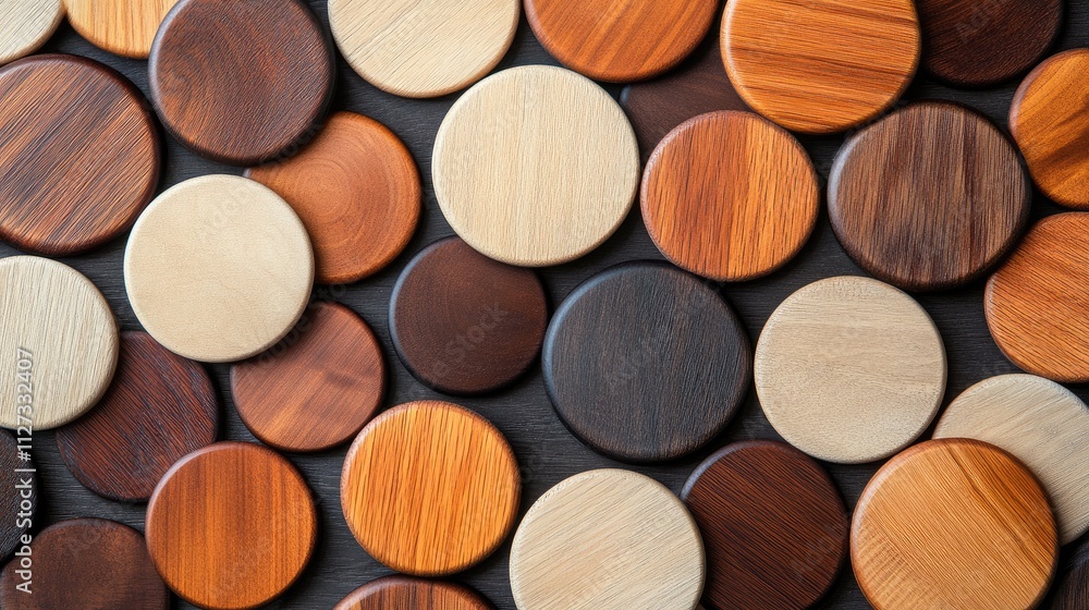 Poster variety of round wooden disks in assorted colors and textures arranged as a decorative background on