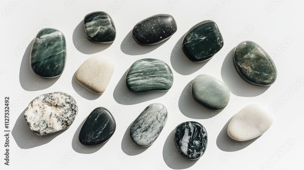 Poster collection of smooth stones in various shapes and shades with soft shadows on a clean white backgrou