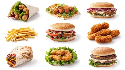 Delicious Variety of Fast Foods Including Wraps Burgers Nuggets Fries and Pizza on White Background