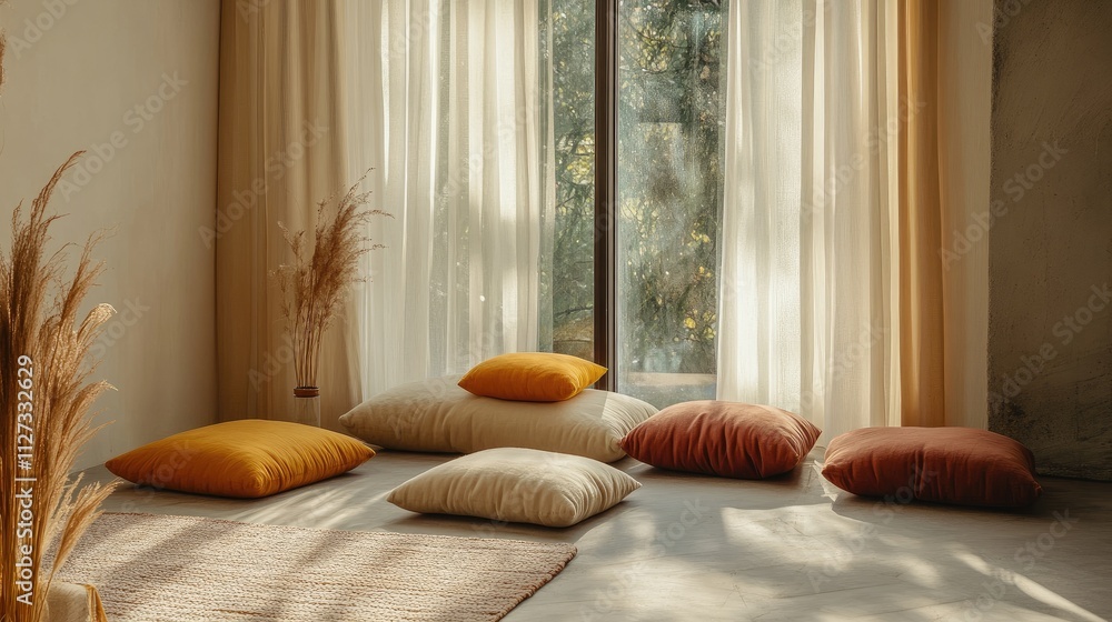 Aufkleber cozy resting area with various cushions and natural light streaming through a window creating a sere