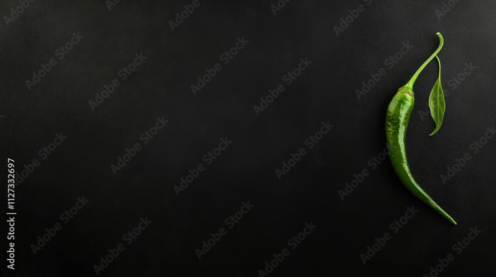 Poster fresh green chili on black background viewed from above with ample empty space for text or graphic o