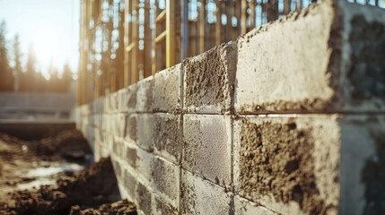 Close up of stone building construction with formwork and sunlight highlighting foundational wall structure and materials