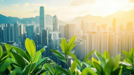 Sustainable development and investment evaluation with a city skyline and greenery highlighting ESG principles and urban growth potential