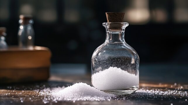 Flask containing sodium chlorite NaClO2 for water treatment and disinfection used in sugar and alcohol industries on wooden surface