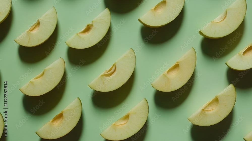 Poster geometric flat lay of apple halves arranged on a vibrant green backdrop creating a fresh and invitin