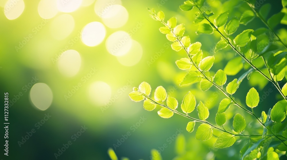 Poster lush green leaf background with soft bokeh lights for a vibrant natural atmosphere in design and cre