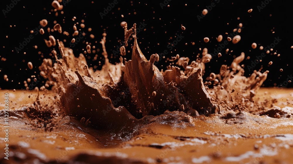 Poster dynamic brown sand explosion creating splashes against a dramatic black background in an artistic di
