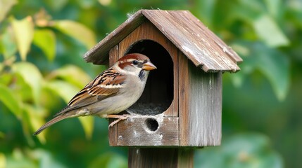 Naklejka premium Female sparrow perched at the entrance of a rustic birdhouse in a vibrant garden setting surrounded by lush greenery