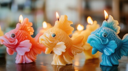 Fototapeta premium Colorful handmade fish-shaped candles with glowing flames arranged on a wooden surface showcasing craftsmanship and vibrant design.