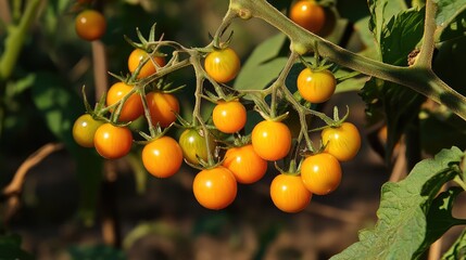 Ripe yellow cherry tomatoes on vine in sunlight showcasing freshness and natural growth in a garden setting.