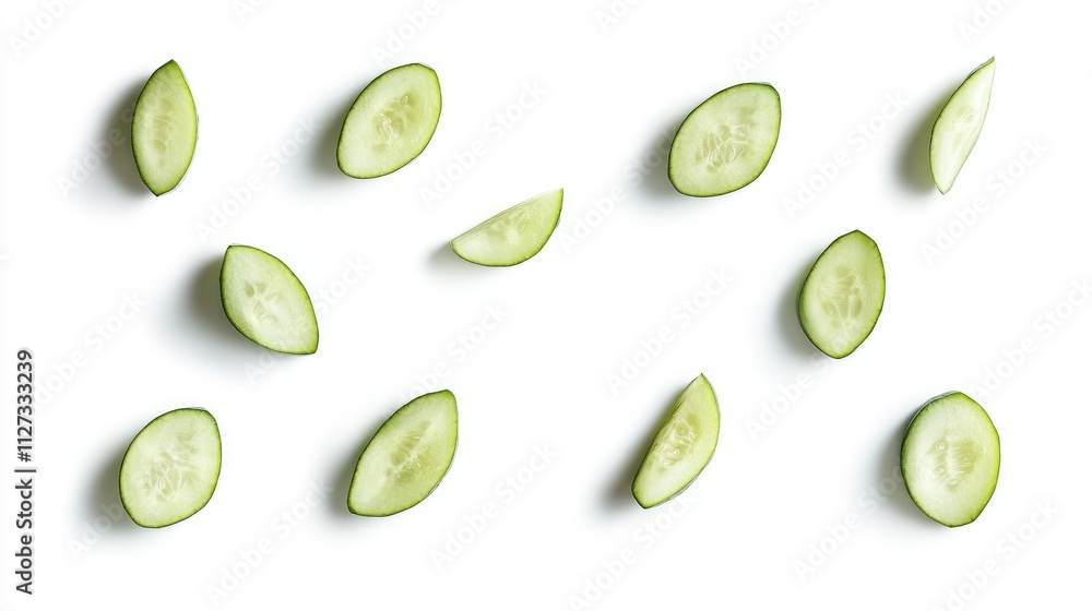 Poster cucumber slices arranged on a white background showcasing fresh green color and natural light shadow