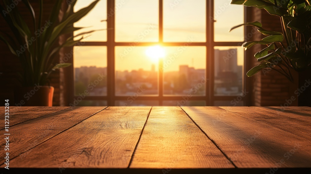 Poster wooden table with sunset light streaming through window creating a warm and inviting atmosphere in a