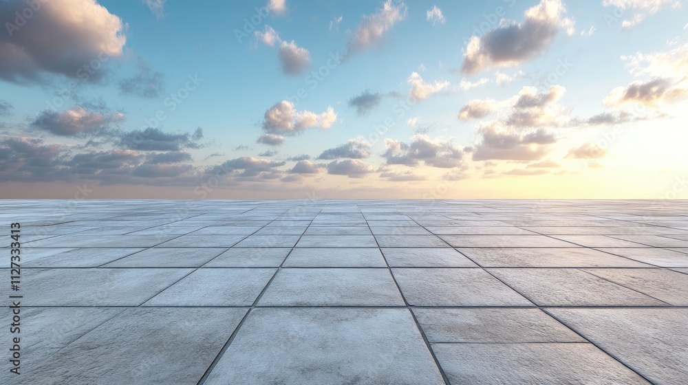 Poster modern stone tile floor with geometric patterns under a beautiful sky and soft clouds at sunset idea