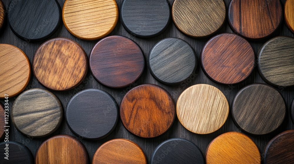 Poster various round wooden disks arranged in an artistic pattern on a dark background showcasing different