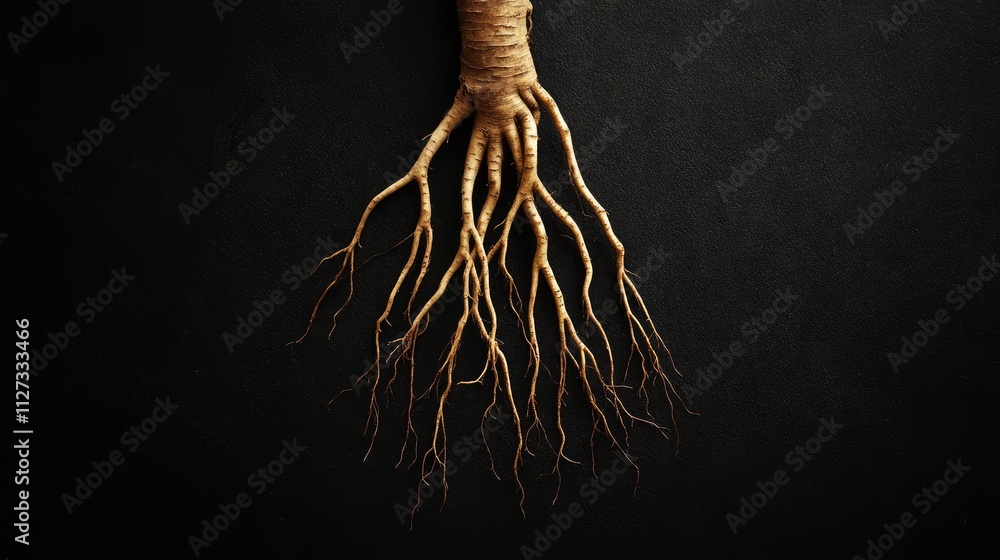 Poster finger root showcasing intricate roots against a dark background highlighting its unique texture and