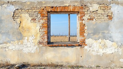 Abandoned building with cracked walls and an empty window frame showcasing a rural landscape beyond...